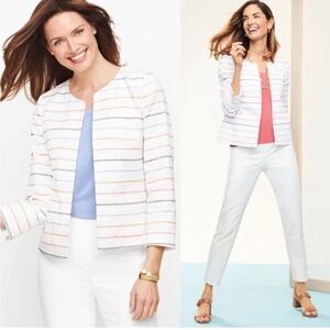 TALBOTS Biscay Stripe Bracelet Sleeve Textured Jacket Blazer Open Front Sz 10 🆕